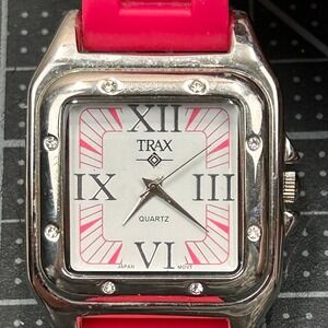 Trax Quartz Watch Square Silver Tone Pink Silicone Band Roman Numeral Japan Movt